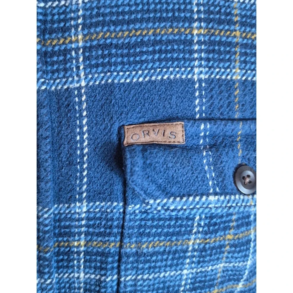 Orvis Mens Flannel Double Chest Pocket Shirt Jacket XL Blue White Brown